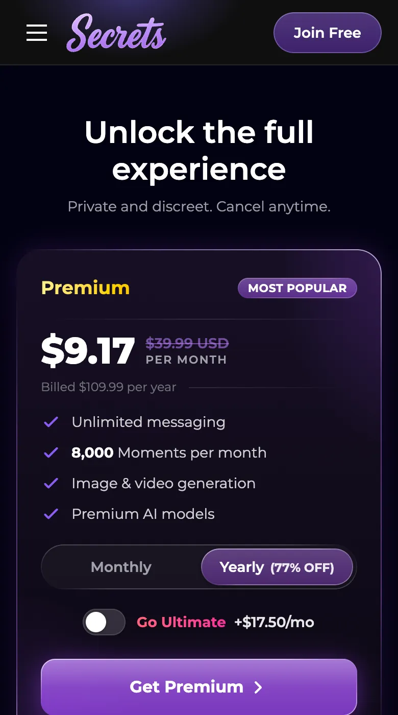 Secrets AI pricing screen