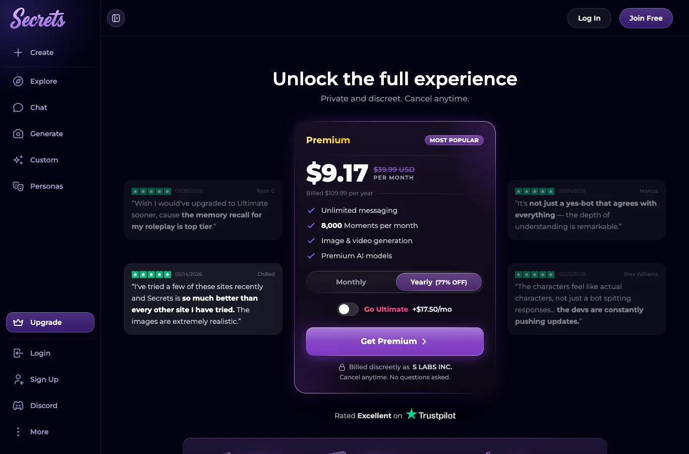 Secrets AI pricing screen